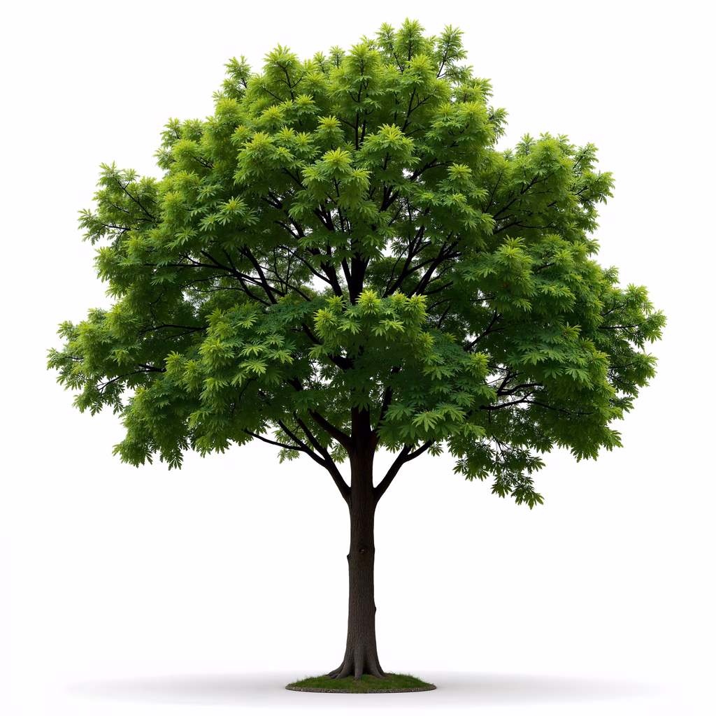 Vibrant green tree illustration with detailed foliage and stark white background.