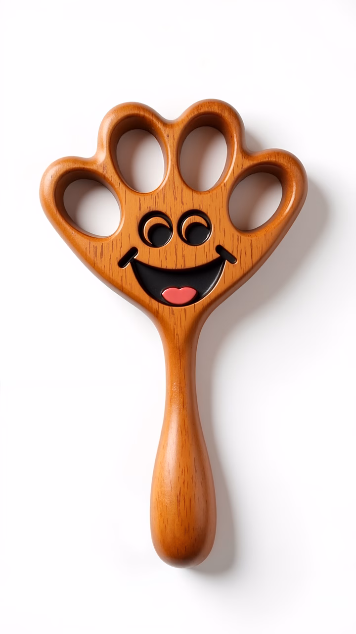 A smiling wooden hand toy with four finger holes, perfect for a playful vibe.