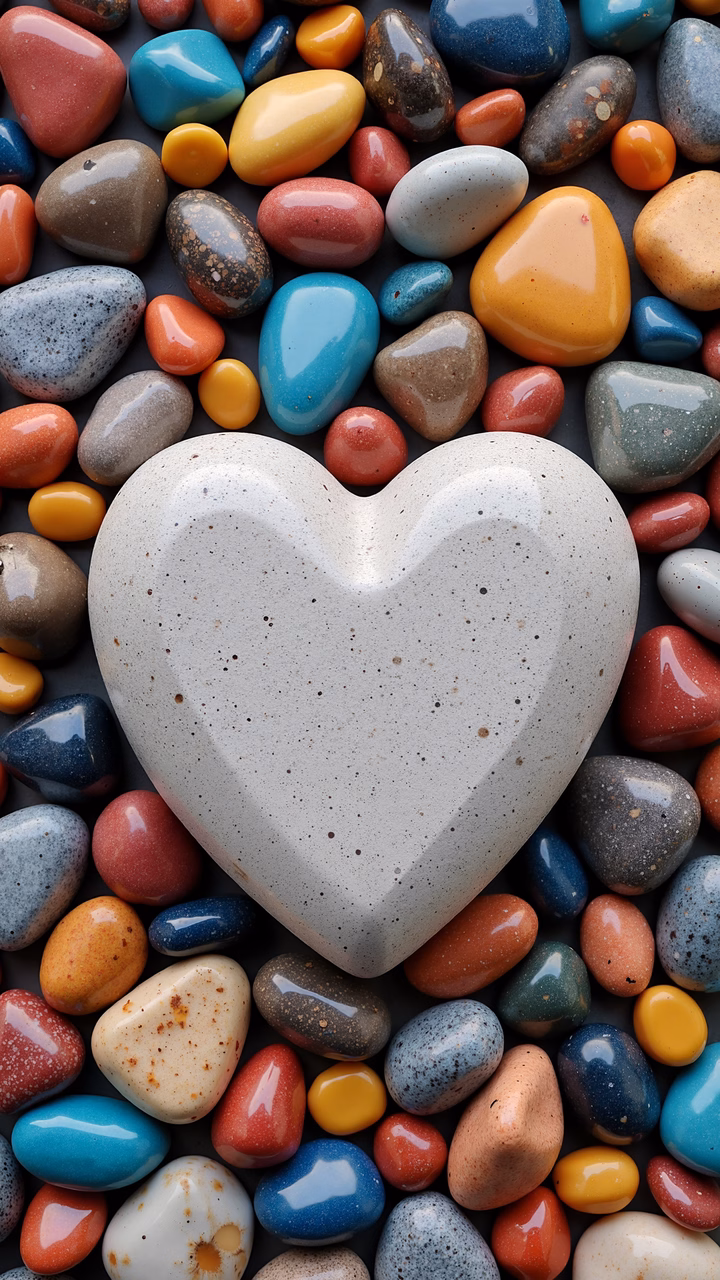 Heart-shaped stone amidst colorful pebbles on a dark surface.