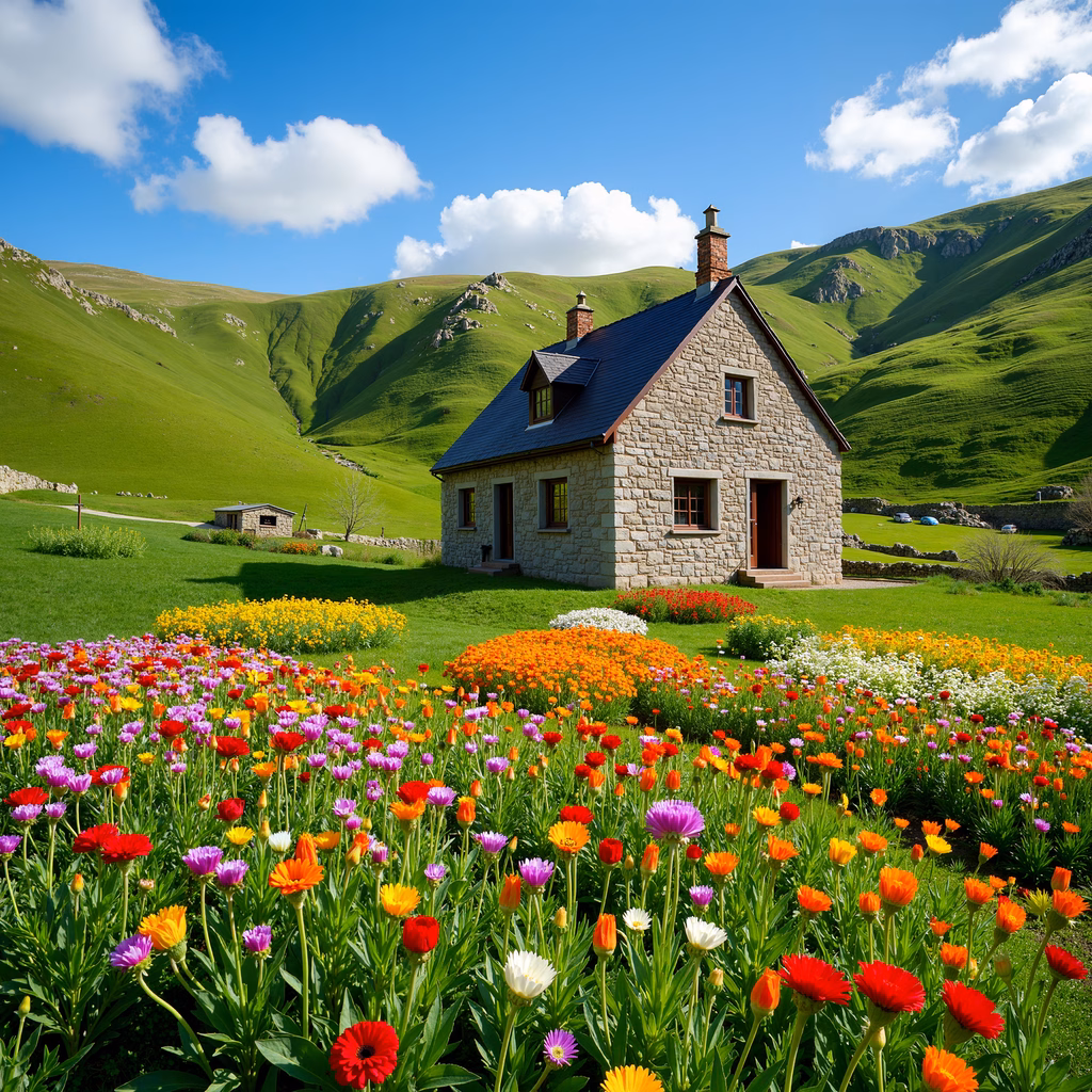 Quaint cottage surrounded by colorful flowers under a clear blue sky.