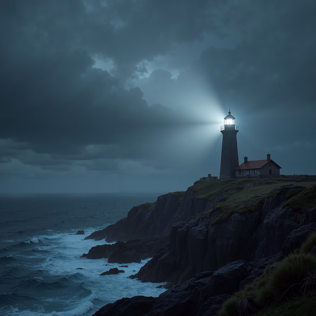 A lone lighthouse illuminates a stormy seascape, symbolizing guidance amidst chaos.