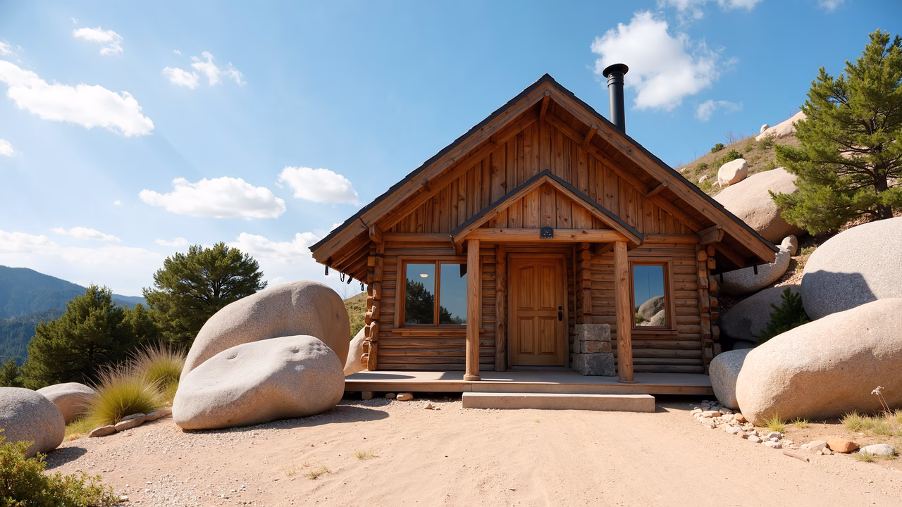 Rustic log cabin surrounded by boulders under a clear blue sky.