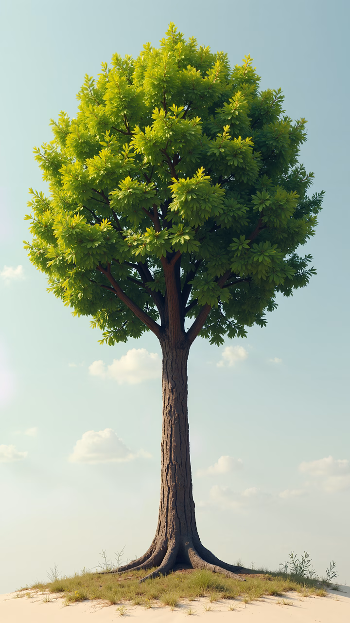 A serene illustration of a lone tree on a grassy island, symbolizing peace and nature's beauty.