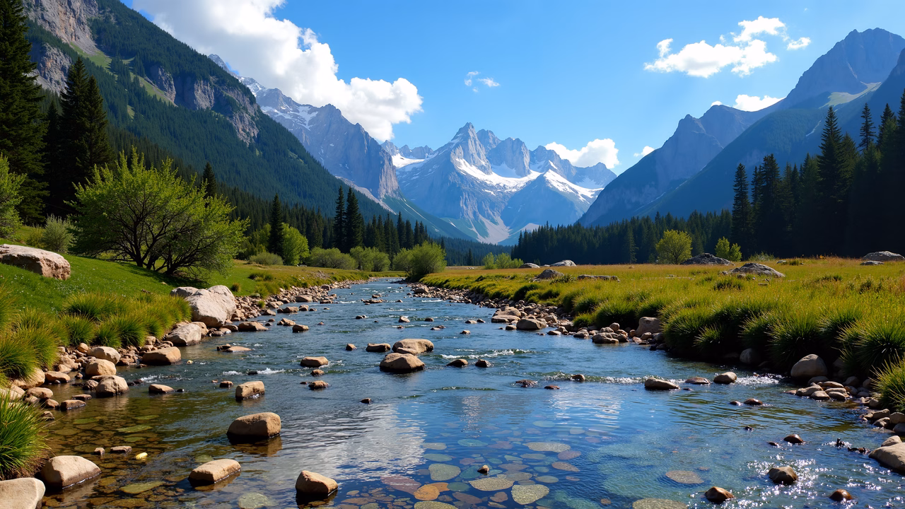 A tranquil mountain stream surrounded by verdant hills and towering snow-capped peaks.