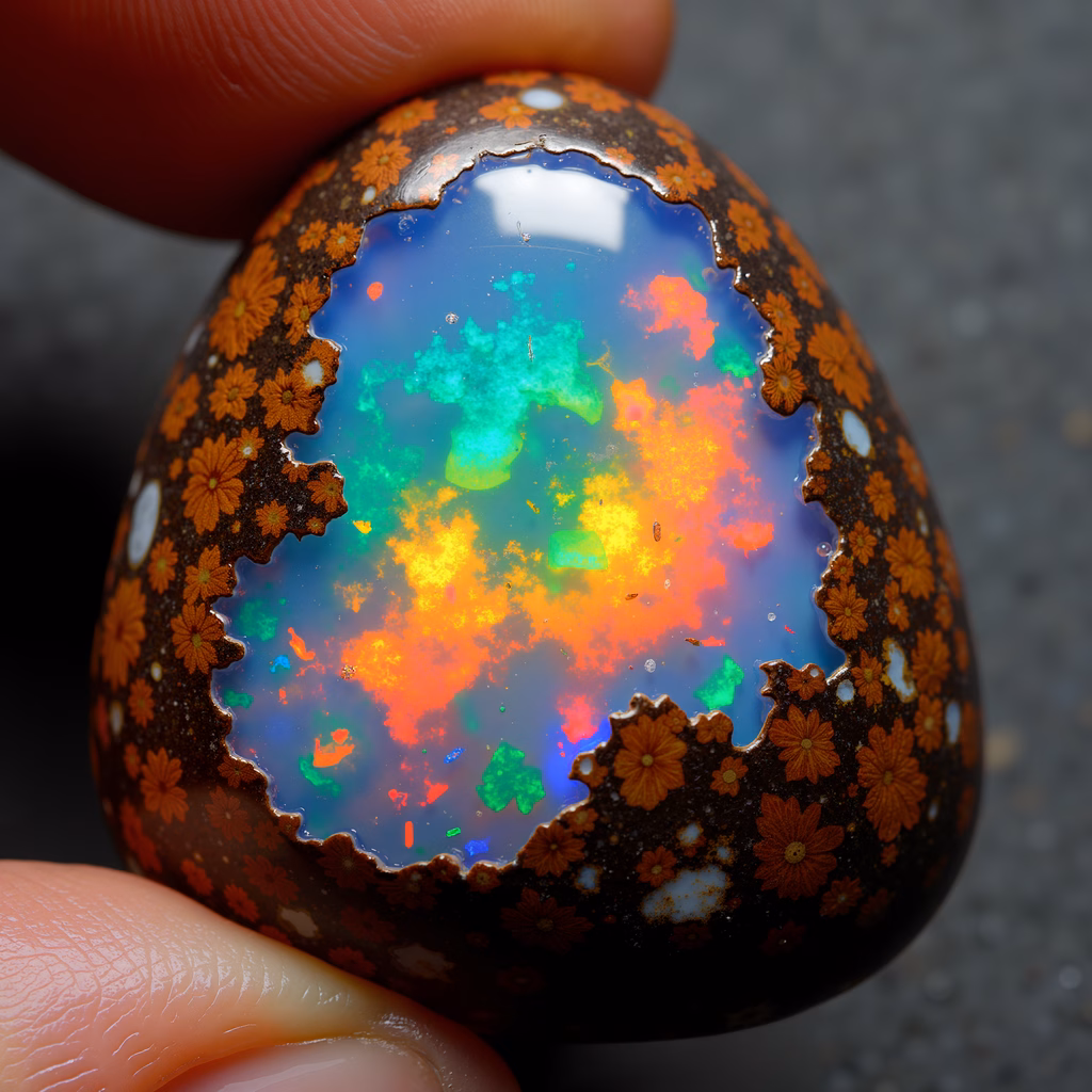 Close-up of opal egg with floral pattern, showcasing vibrant colors and intricate design.