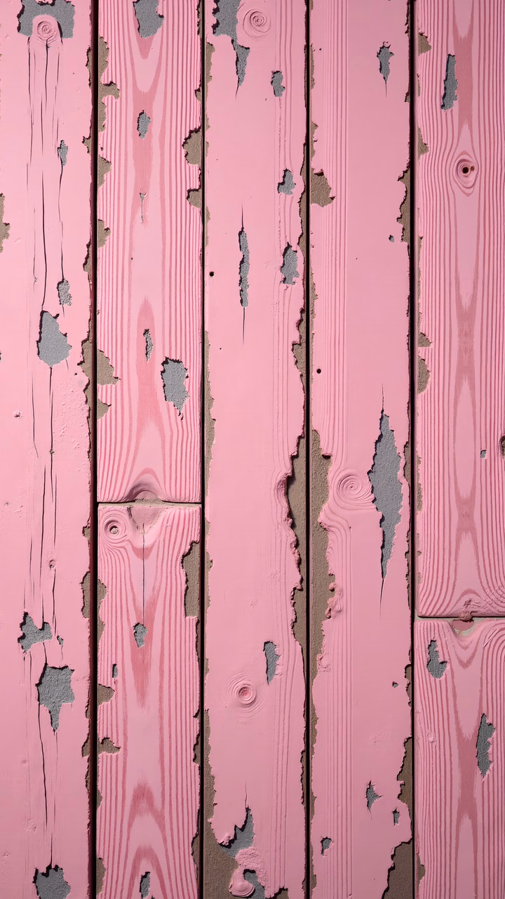 Vibrant pink peeling wood planks, architectural decay, nostalgic atmosphere.