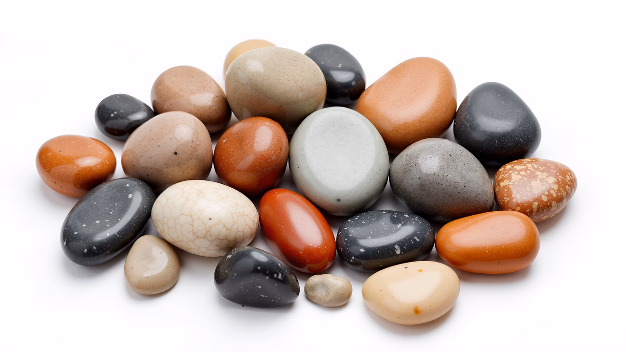 Glossy pebbles in earthy tones on a white background.