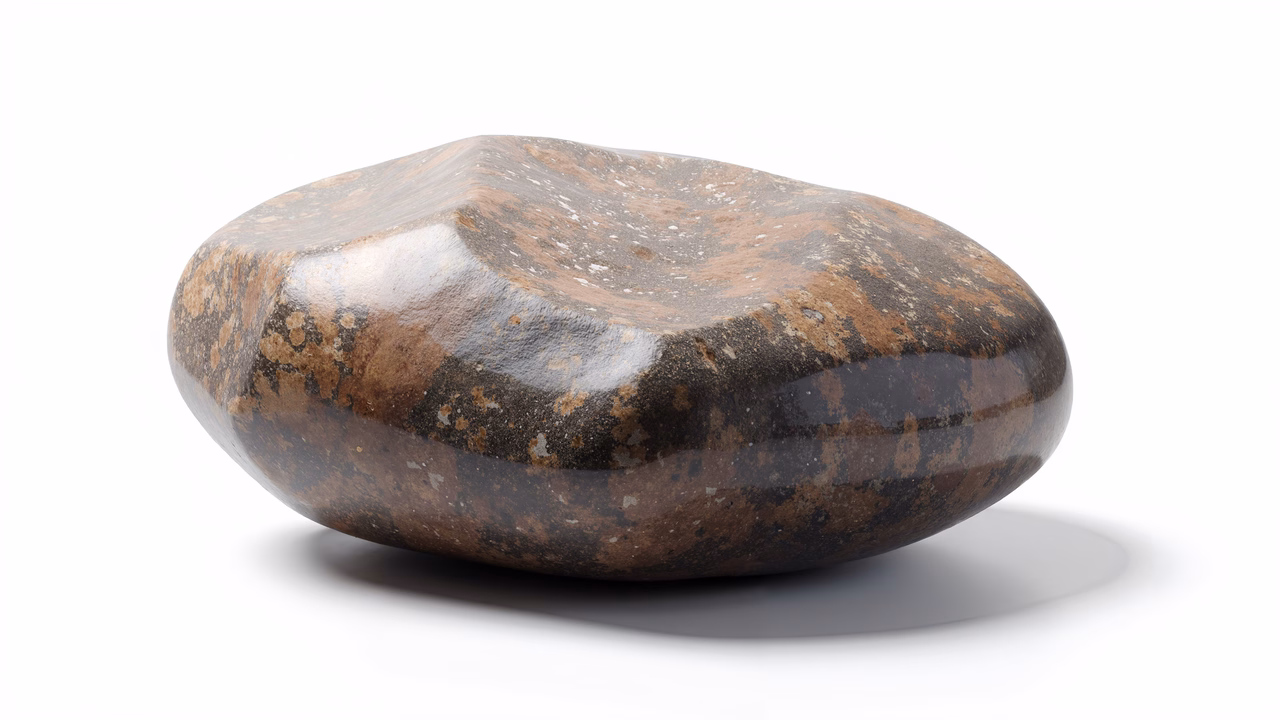 A detailed illustration of a polished rock with earthy tones and reflective surfaces.