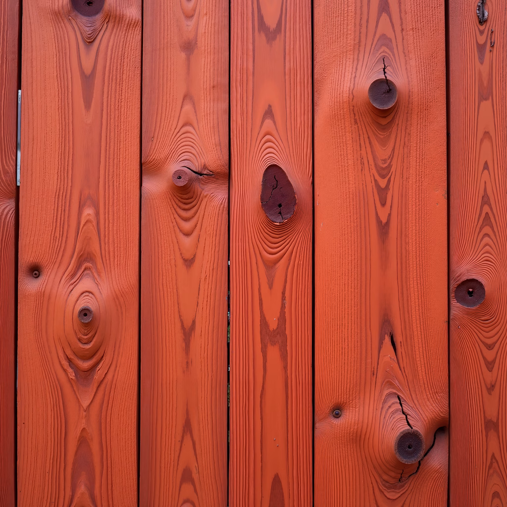 Close-up of vibrant red wooden texture with natural grain patterns and knots.