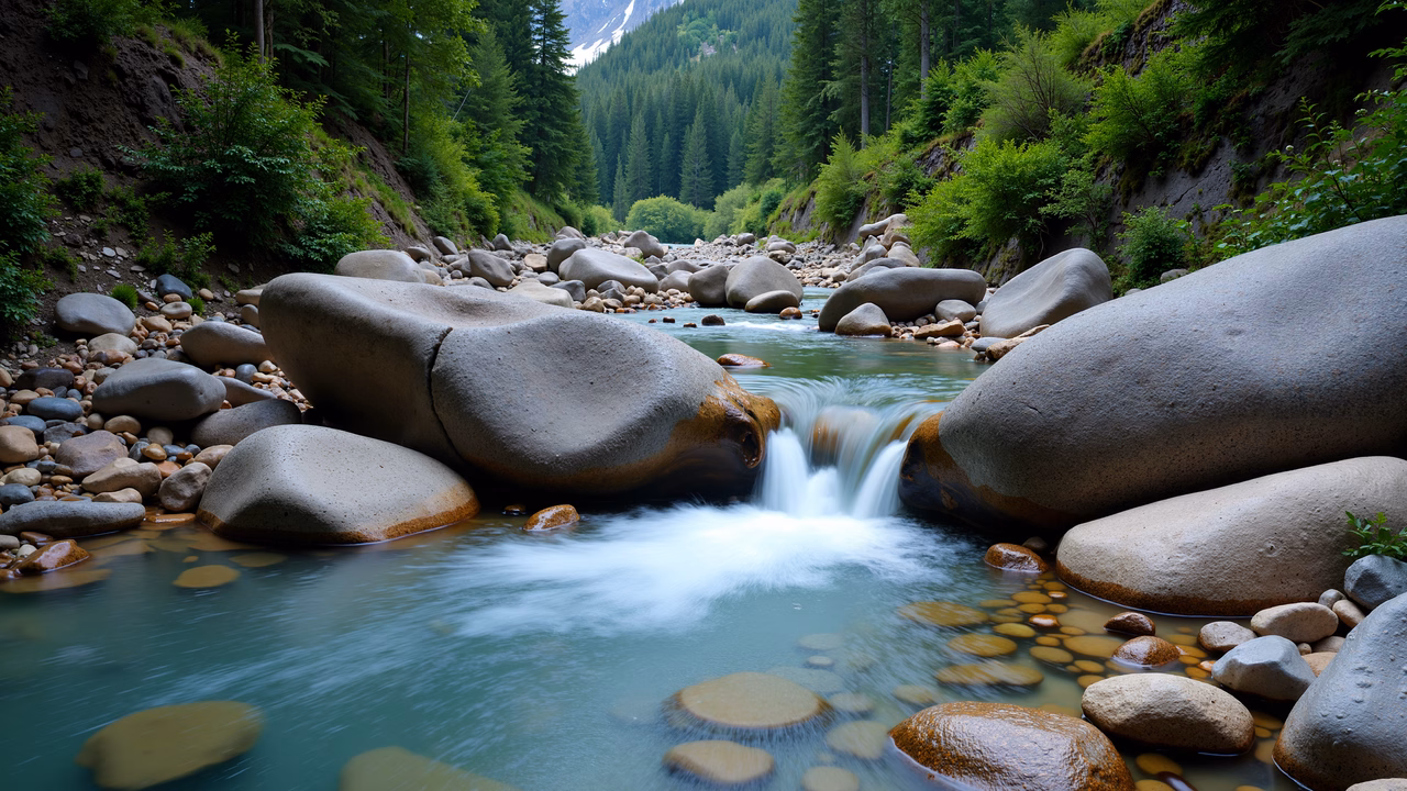 A tranquil river flowing through a lush, rocky valley.