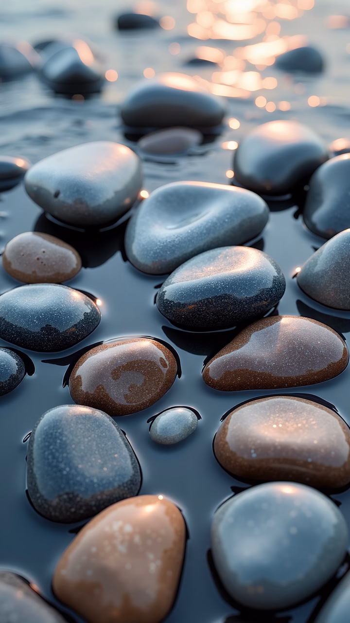 Smooth rocks reflecting the warm glow of a sunset, creating a peaceful and contemplative scene.