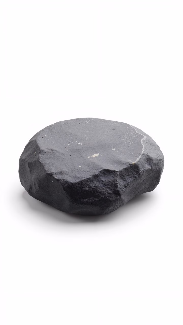 Close-up of a smooth, dark round stone against a white background.