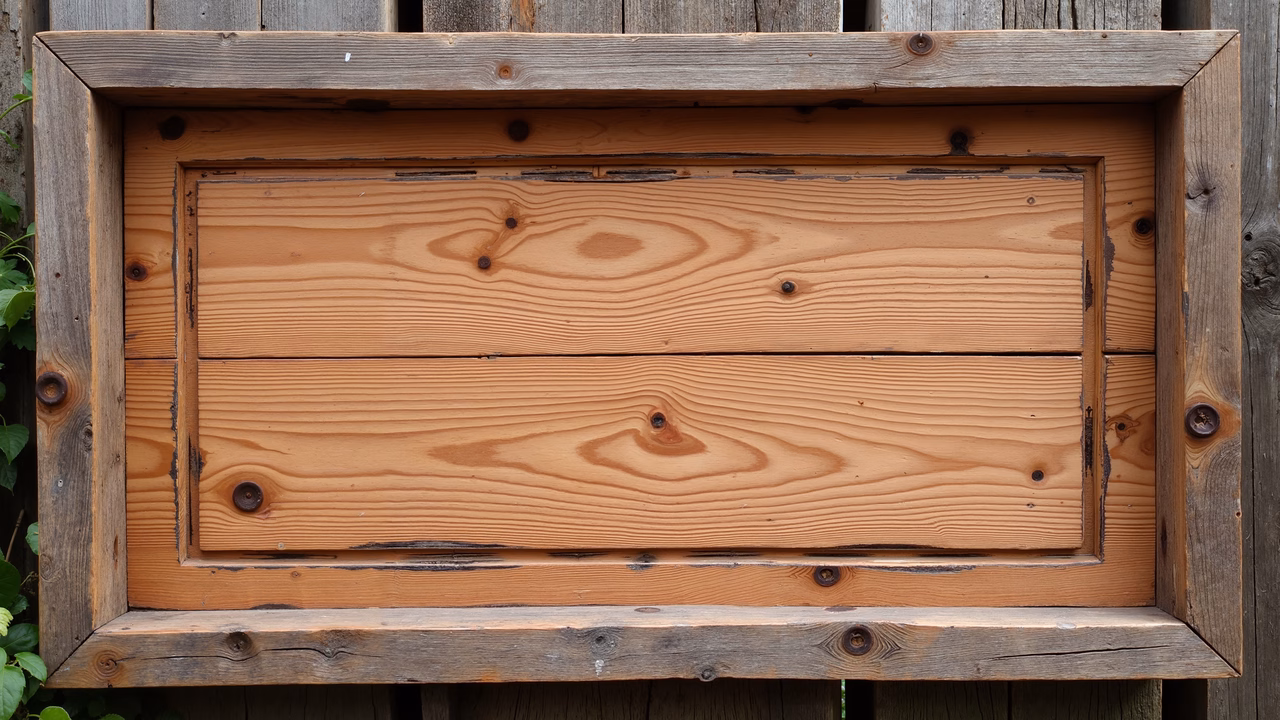Rustic wooden frame with natural grain and knots, set against a wooden fence backdrop.
