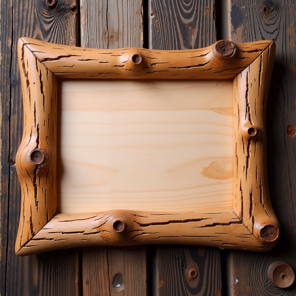 A detailed illustration of a rustic wooden frame with natural textures and warm tones.