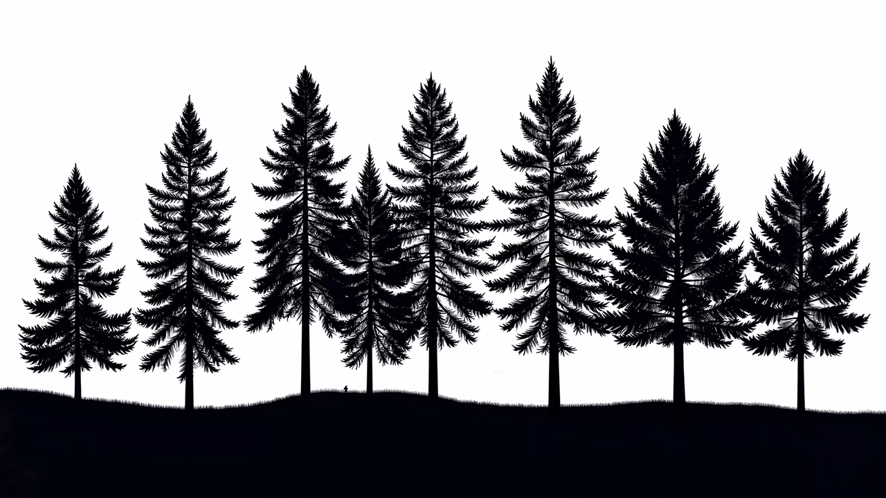 Minimalist silhouette forest scene in black and white, evoking tranquility and natural beauty.