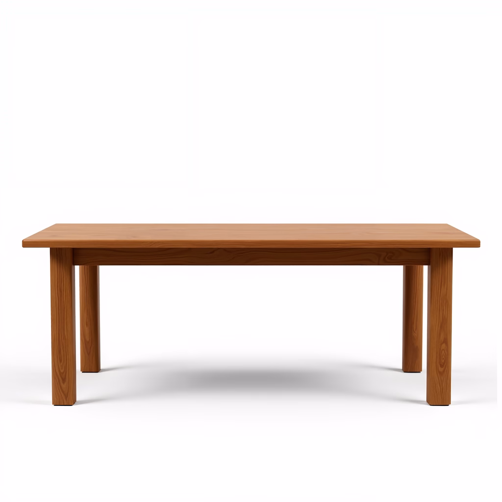 Minimalist wooden table with natural grain patterns on a white background.