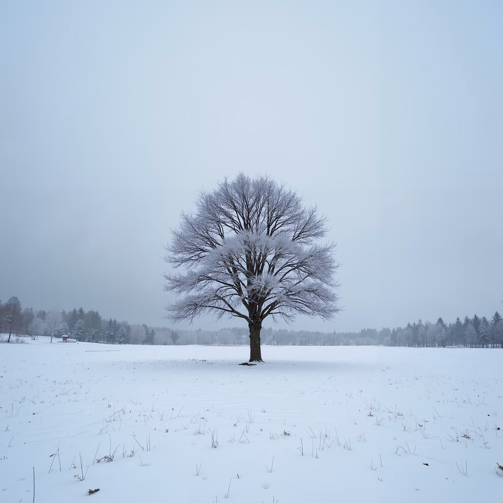 Solitary tree in a snowy landscape, evoking tranquility and solitude.