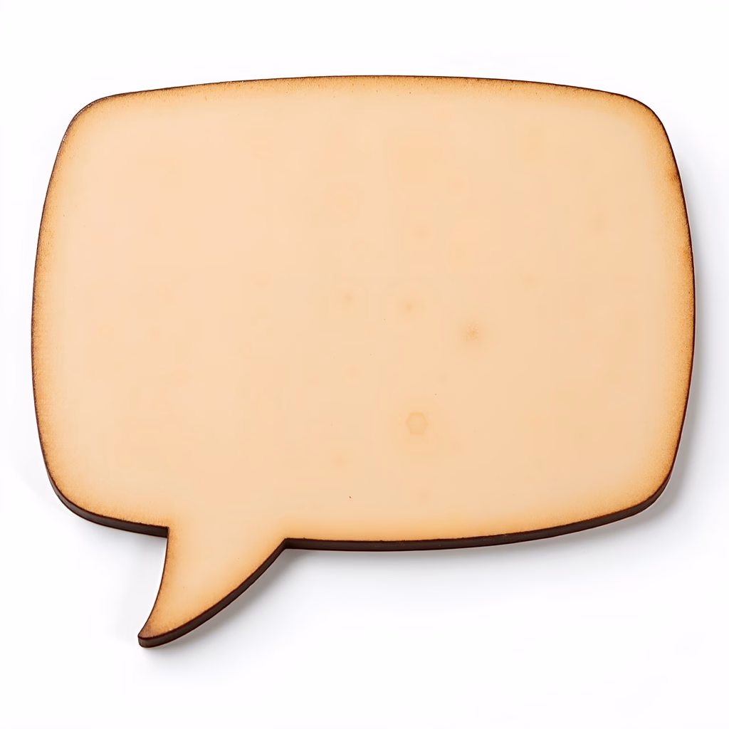 Minimalist speech bubble illustration with beige and brown tones.