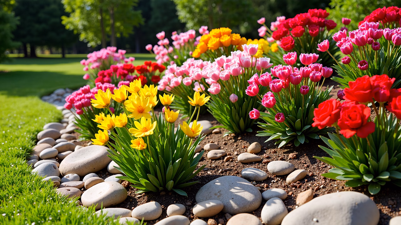 Brightly colored tulips and roses in a sunny spring garden.