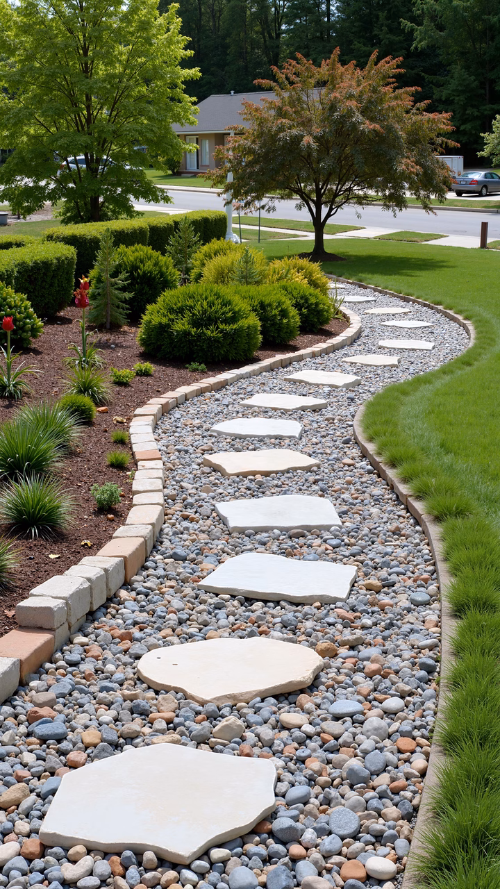 A tranquil pathway through a well-maintained garden, featuring stepping stones and vibrant greenery.