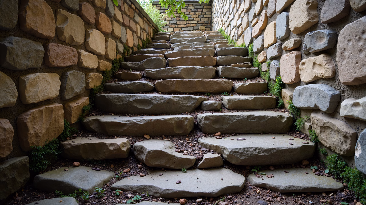 A tranquil stone pathway surrounded by moss and plants, leading to a stone wall at the top.