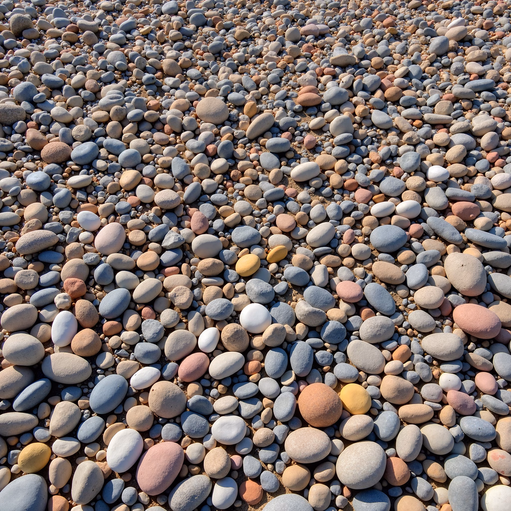 Close-up of multicolored pebbles on a sunny beach.