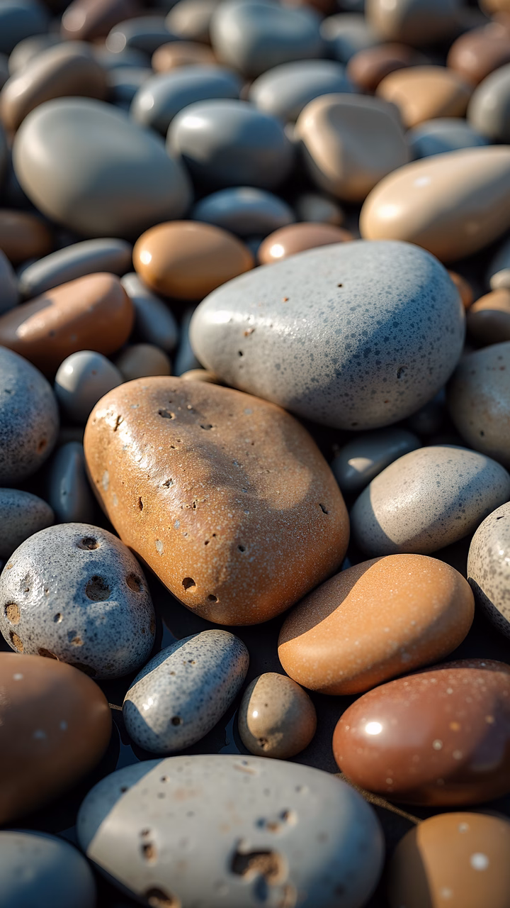 Close-up of diverse beach stones in natural tones, serene and detailed.