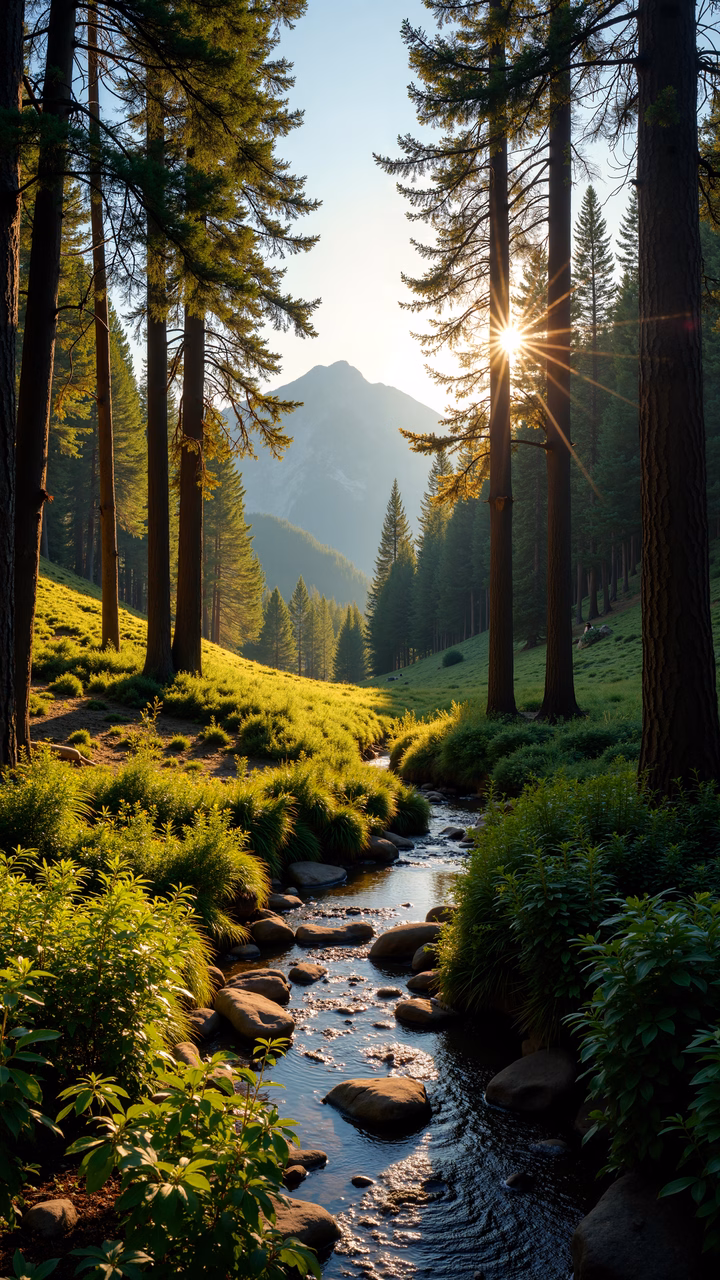 Golden sunlight illuminates a peaceful forest stream surrounded by tall trees and vibrant greenery.