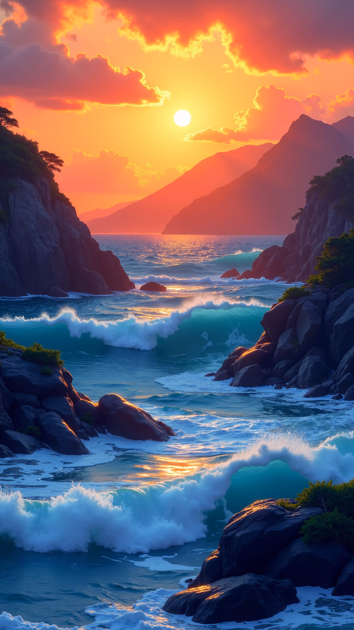 A serene sunset over a rugged coastline with vibrant colors and crashing waves.
