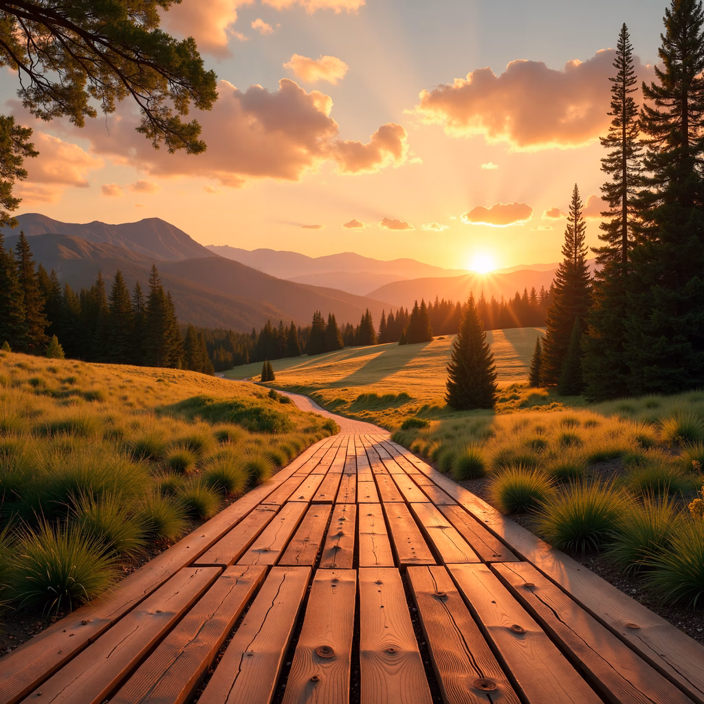 A winding pathway leads to a stunning sunset over a meadow and mountains.