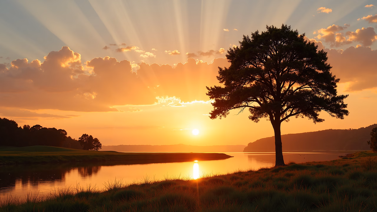 A peaceful sunset with a solitary tree reflecting on a calm lake.