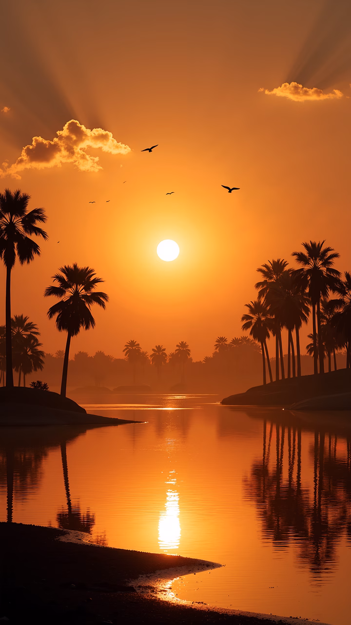 A peaceful sunset scene with palm trees and a golden glow over a calm body of water.