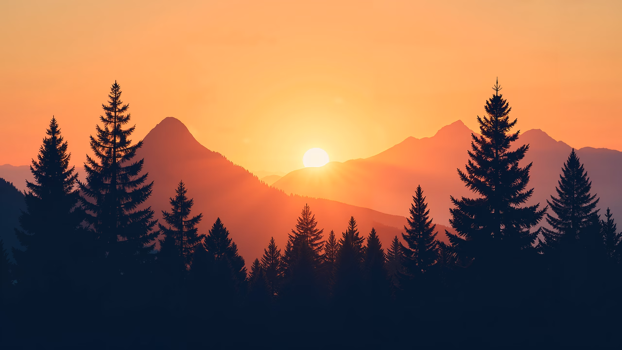 Silhouetted pine trees against a vibrant sunset sky, creating a serene landscape scene.
