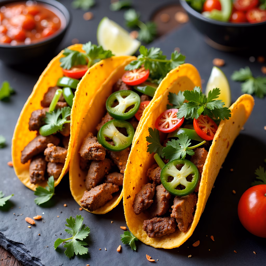 Vibrant tacos with beef and vegetables on a slate surface.