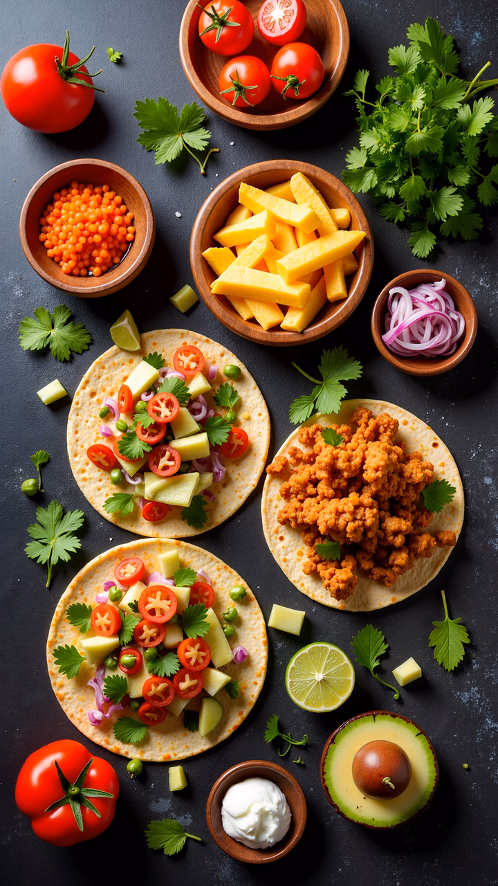 Vibrant tacos with fresh ingredients on a dark textured surface.