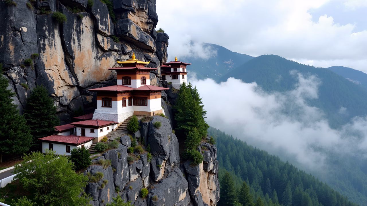 Taktsang Monastery cliffside, Bhutanese architecture, serene landscape