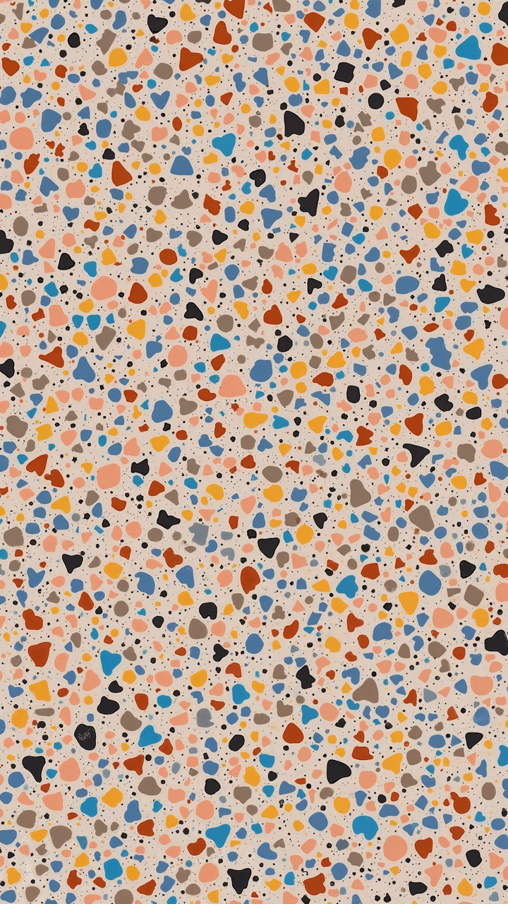 Vibrant terrazzo pattern with diverse colors on a beige background.