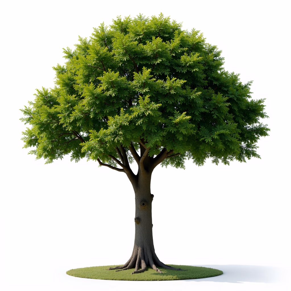 Detailed illustration of a lush green tree with vibrant leaves and a thick trunk.