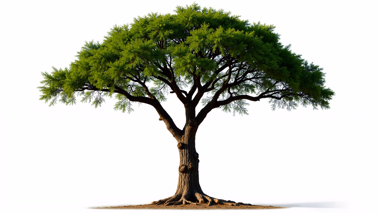 Detailed tree illustration with vibrant green foliage and robust trunk.