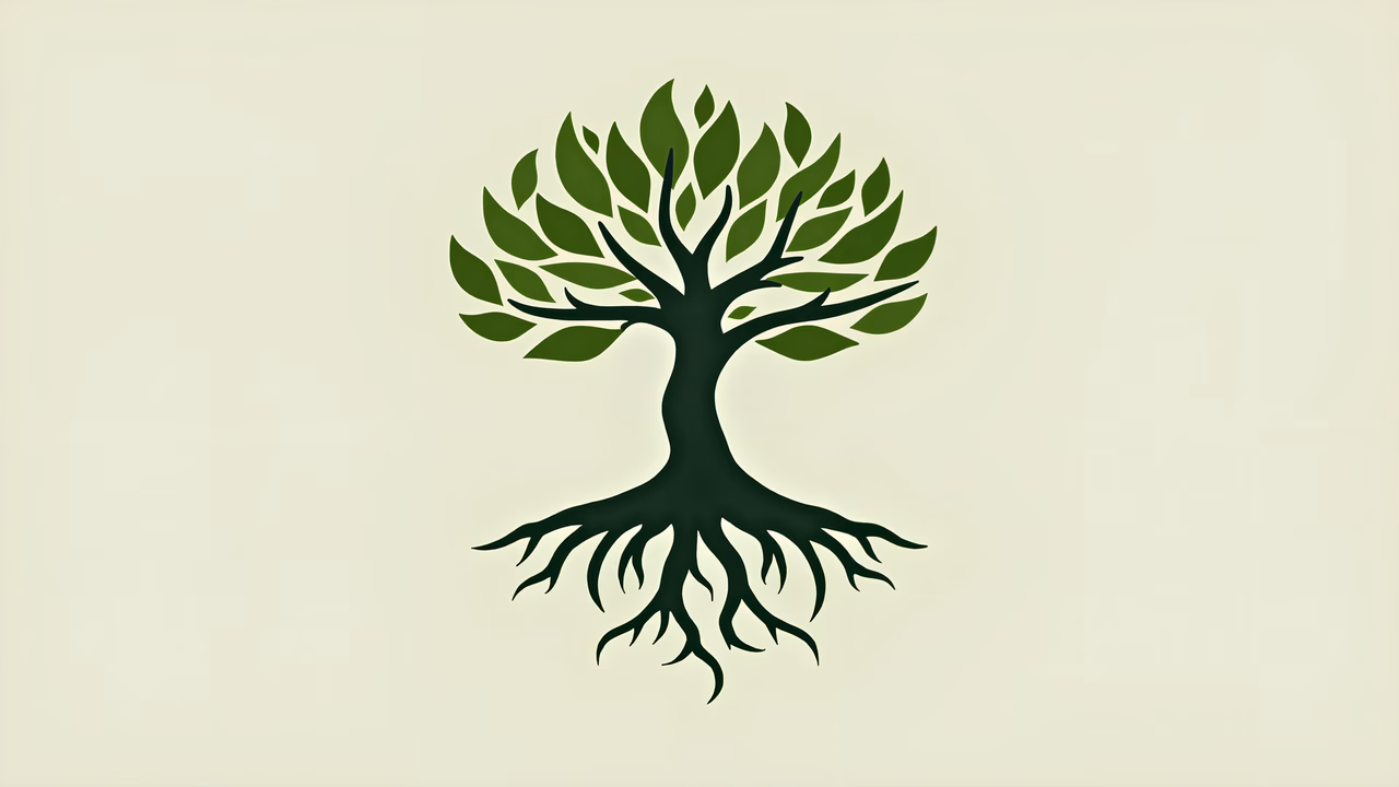 Stylized tree with vibrant green leaves and detailed roots on a beige background.