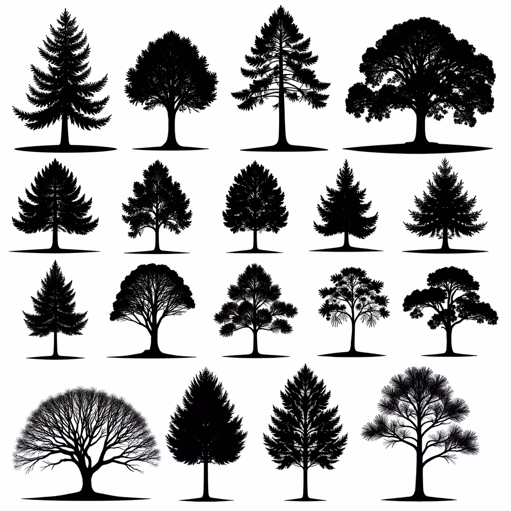 A set of diverse tree silhouettes in black and white, highlighting natural beauty and diversity.