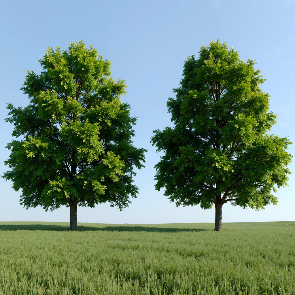 Two trees stand amidst a verdant field under a bright blue sky.