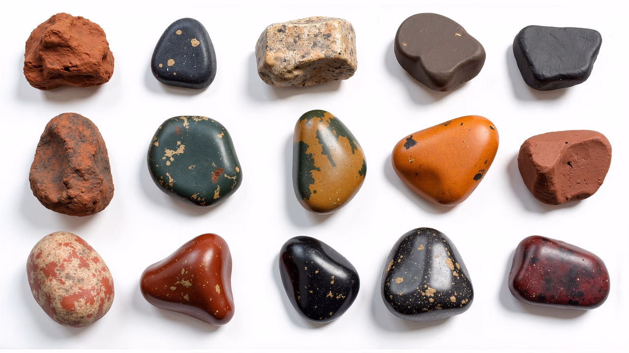 A grid of uniquely colored and textured stones on a white background.