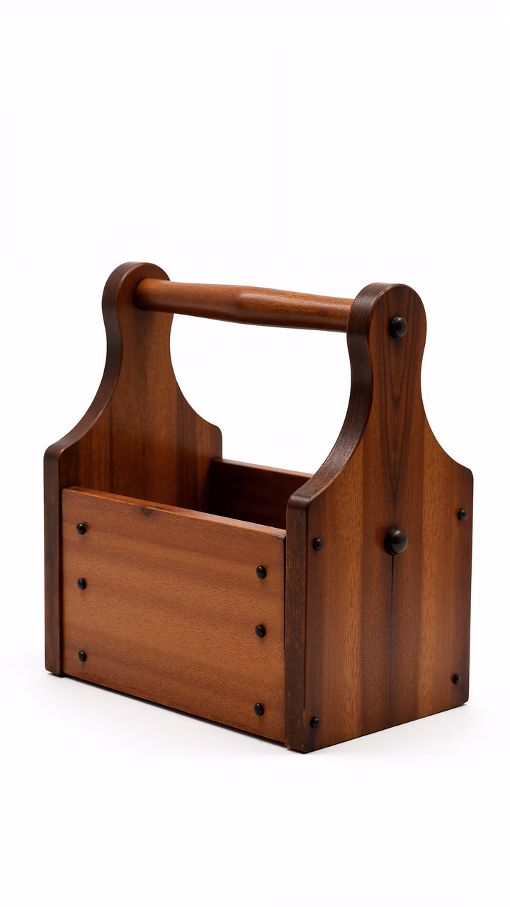Vintage wooden tool box with dark brown finish and sturdy handle.