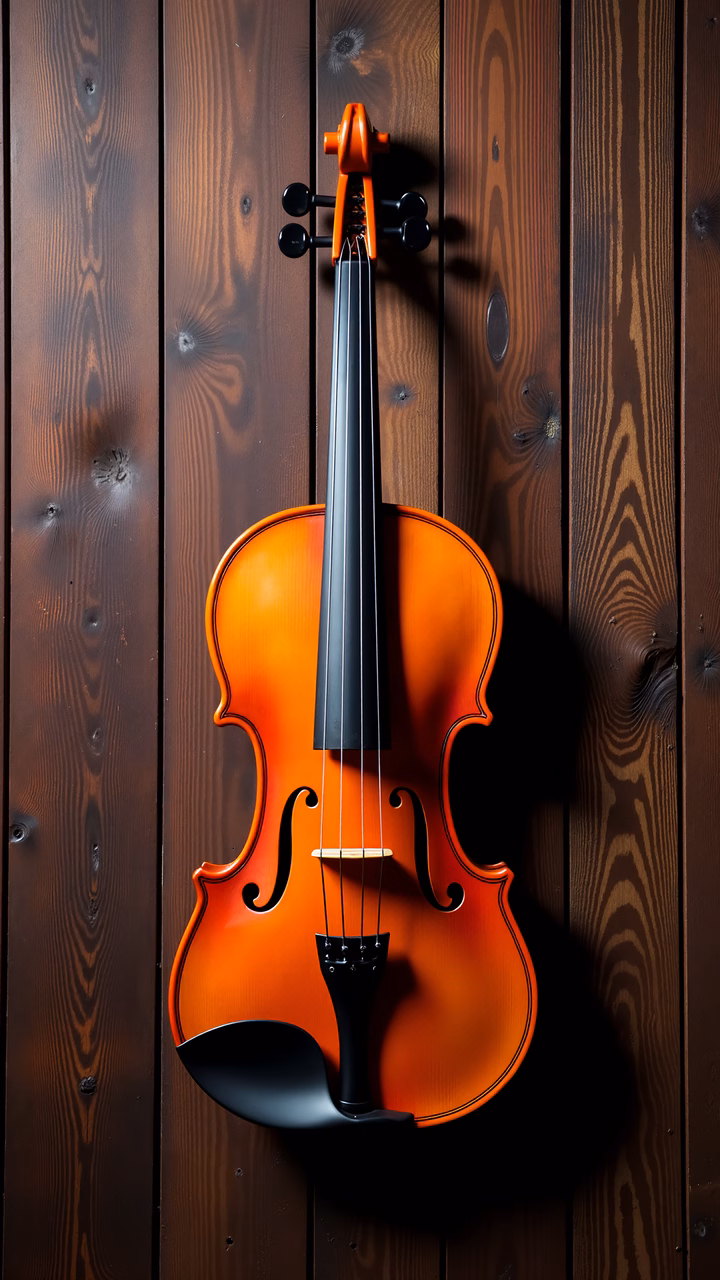 A violin against a wooden wall, showcasing its craftsmanship and warm tones.