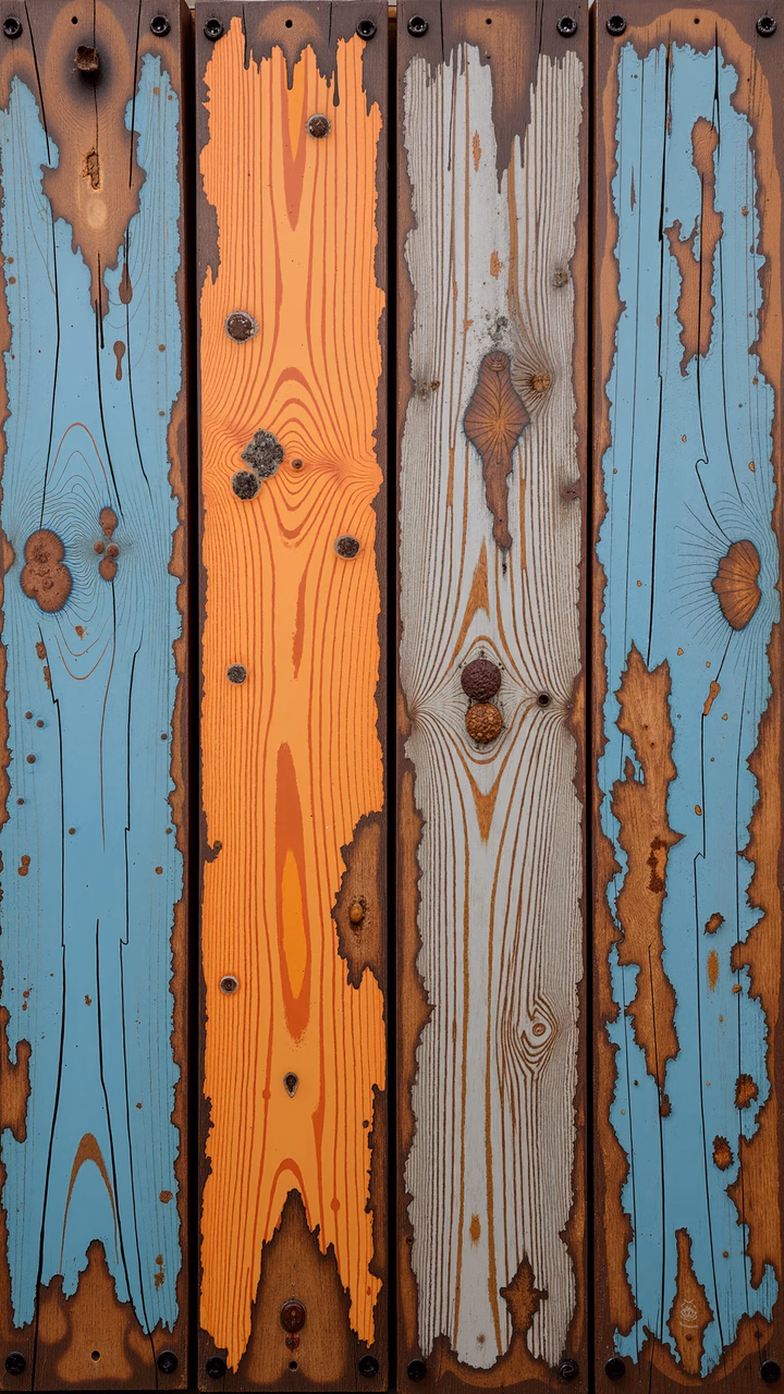 Four panels of weathered wood with distinct colors and textures.