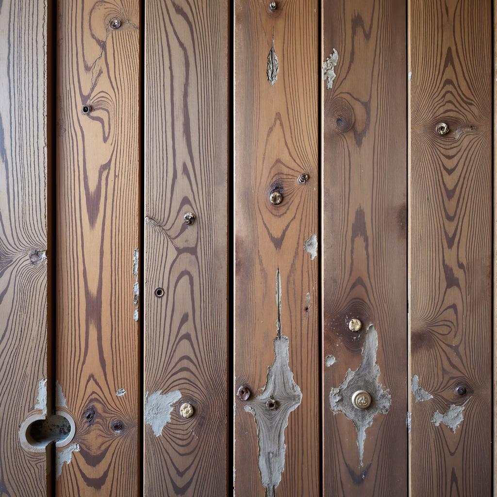 Close-up of weathered wooden planks with natural grain and peeling paint, evoking nostalgia.