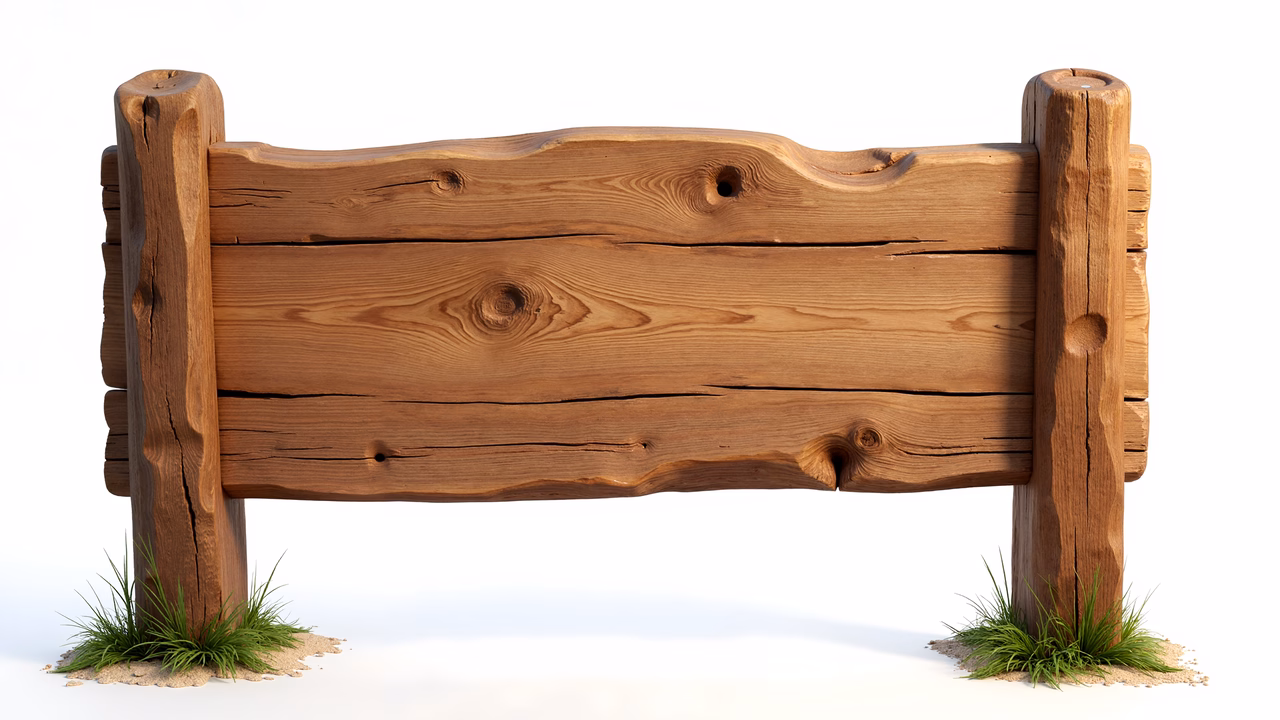 Rustic wooden sign with weathered texture and natural wood grain, set against a white background.