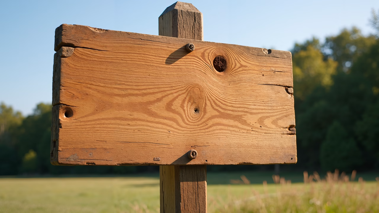 Close-up of a rustic wooden signpost under a clear blue sky.