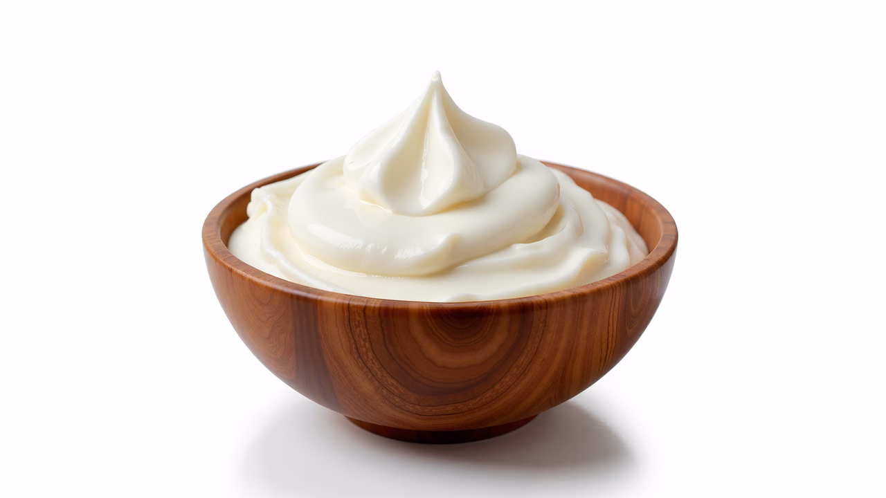 Close-up of whipped cream in a wooden bowl on a white background.